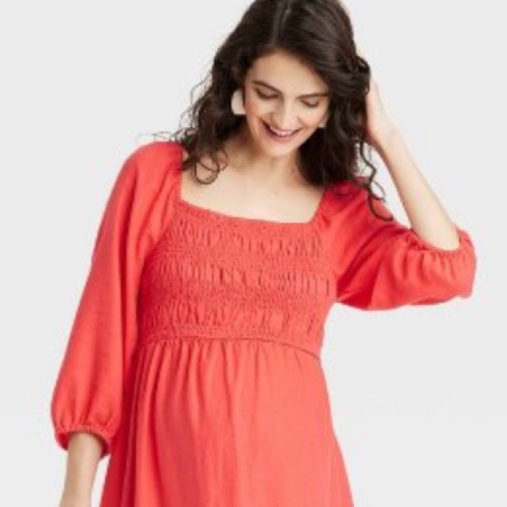 MATERNITY Puff Elbow Sleeve Smocked Linen Mini Dress Isabel Maternity C… - Picture 1 of 6